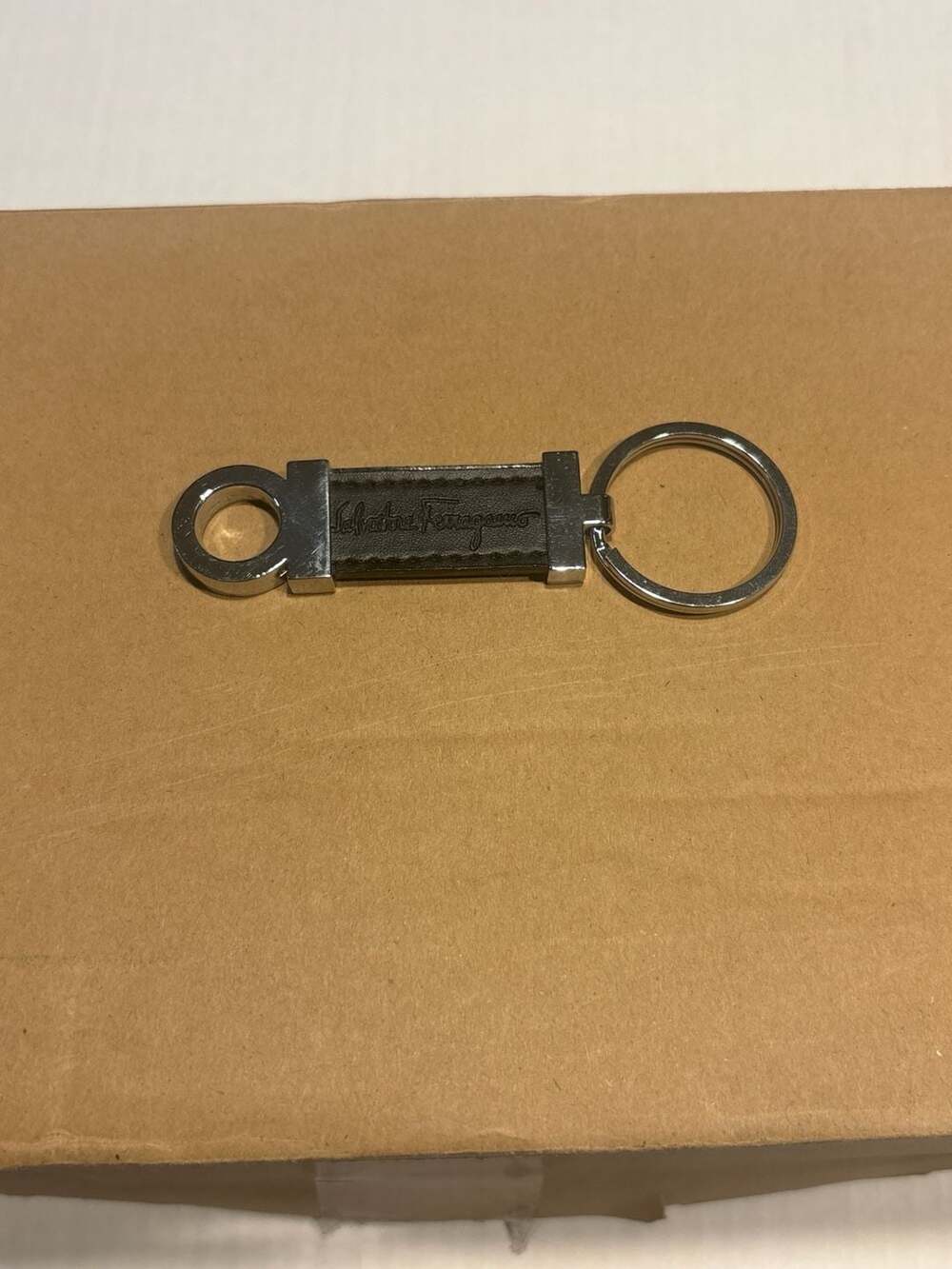 Salvatore Ferragamo Gancini Leather Strap Keychain Silver-Tone Key Ring
